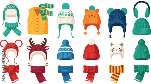 Set of cute winter knit hats and scarves for children featuring pom-poms and animal ear designs in festive colors for cold weather fashion and holiday season accessories.