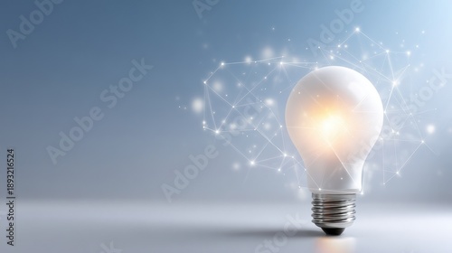 Illuminating Insights: A radiant light bulb glows brightly against a backdrop of ethereal connected nodes, representing the spark of innovation, ideas, and technological advancement.