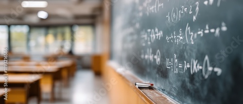 The Classroom equation: close-up shot of the chalkboard with a complex mathematical equation written on it, suggesting rigorous learning in the room 
