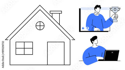 House symbolizing remote work, man displaying trophy on screen, and individual using laptop. Ideal for remote work, online success, home business, telecommuting, digital education, team motivation