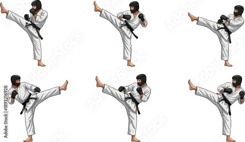 Action set of martial arts fighter in white kimono performing high kicks and karate poses in retro pixel art style isolated on white background for games and sports design.