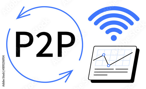 Peer-to-peer concept featuring a P2P label with circular arrows, wireless signal symbol, and a data analytics graph. Ideal for blockchain, technology, networking, data sharing, internet connectivity
