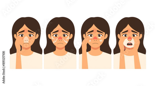 Illustration Depicting Stages of Skin Irritation and Allergic Reaction on a Woman's Face