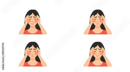 Vectored illustration of a young woman suffering from severe headache, migraine, or intense emotional stress, clutching her head in distress, depicting mental pressure and anxiety