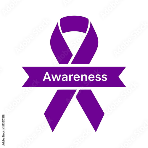 Purple awareness ribbon with Awareness text isolated on white background