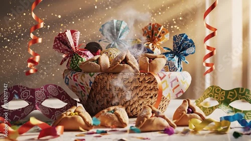 Hamantaschen pastries and colorful masks for Purim holiday celebration with confetti