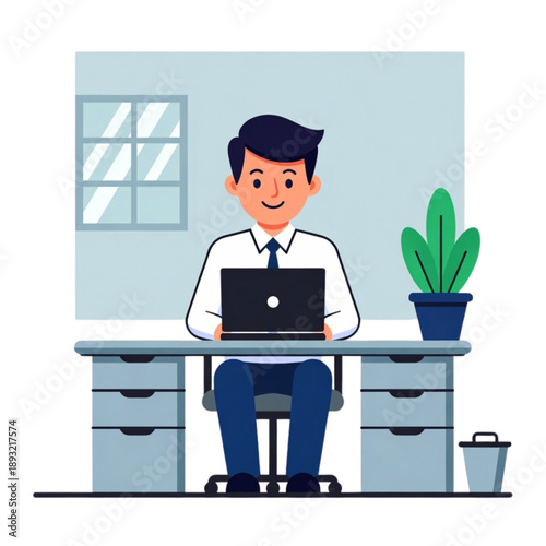 Illustration of man working on laptop at office desk, modern workspace, professional, technology, business concept