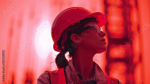 Beautiful blue collar woman checking work progress