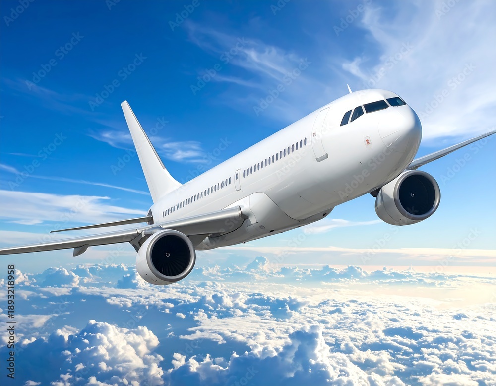Fototapeta premium White passenger jet soaring through a bright blue sky with fluffy white clouds, at altitude