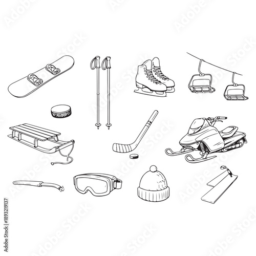 Winter sports equipment and outdoor activities outline vector bundle