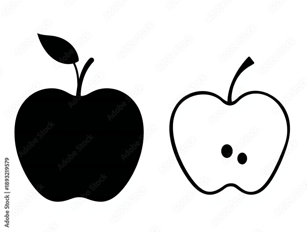 Fototapeta premium Simple silhouette and outline of an apple with a leaf