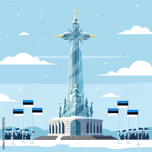 Estonian Independence Day monument with flags and crowd