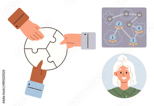 Teamwork, collaboration, problem-solving, strategy, diversity, leadership. Hands putting puzzle pieces together, network map with numbers and a smiling individual portrait. Teamwork and strategy