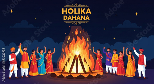 People in traditional indian clothing celebrate holika dahana with a bonfire at night