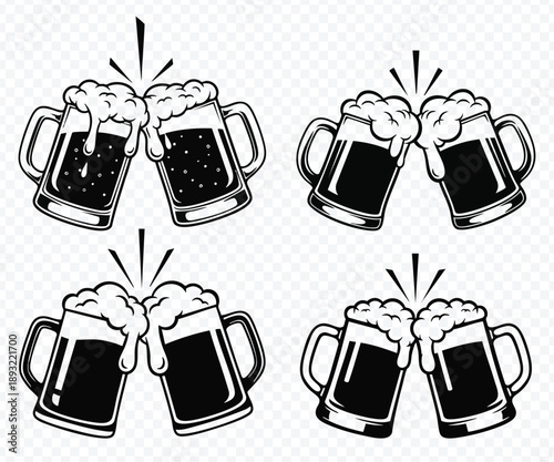 set of Cartoon Beer Mugs Clinking with Splash Effect, Cheers Toast Celebration Illustration