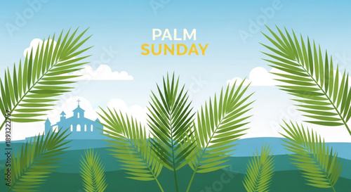 Palm sunday celebration with green palm leaves and church silhouette on a sunny day with blue sky and hills