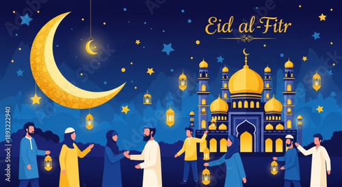 Eid al fitr celebration with people greeting each other in front of a mosque at night with crescent moon and lanterns