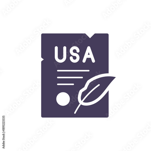 US Constitution Document Icon with Quill, Legal Rights Charter, Solid Glyph Vector Symbol for American Law, Democracy, Citizenship, Voting and Elections.