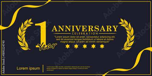 1st year anniversary celebration emblem. yellow anniversary award logo isolated with laurel wreath and ribbon on black background. vector illustration template design for web banner