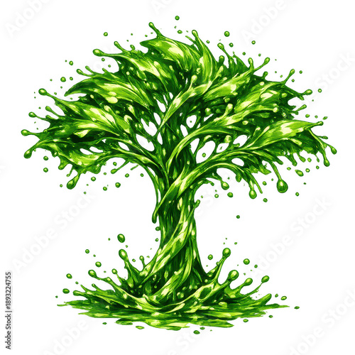 Luminous Green Splash Tree Isolated on Transparent Background