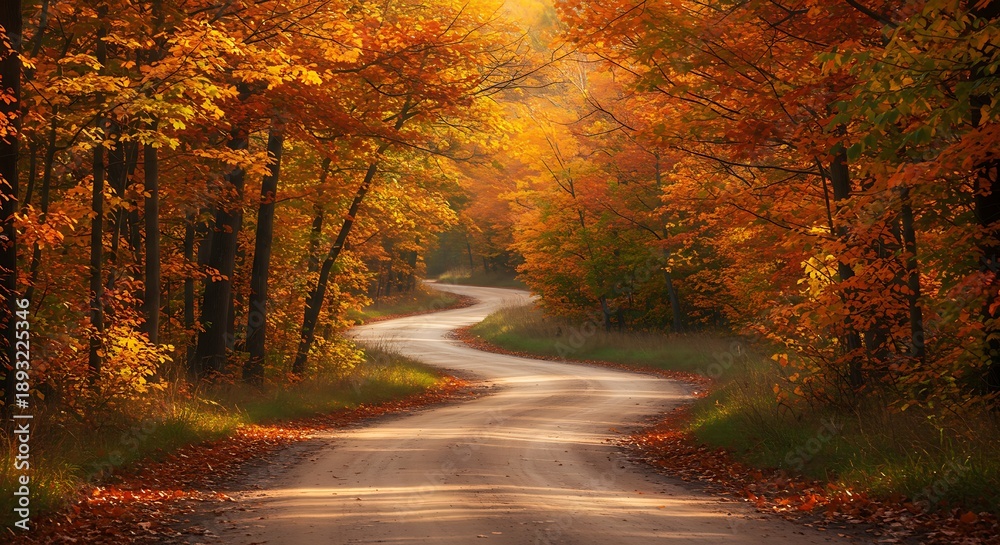 Obraz premium Winding country road through vibrant autumn forest. Sunlight streams illuminating the path