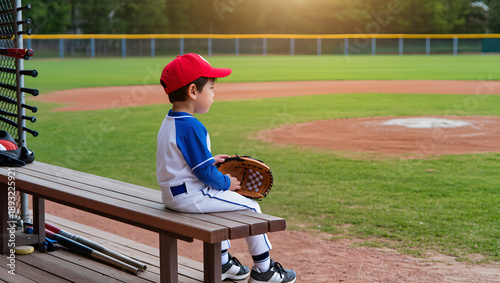 Young Little League Baseball Player in Uniform Sitting on Dugout Bench Looking at Empty Field