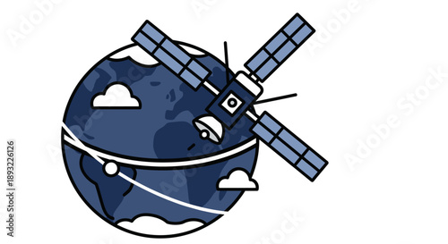 Earth Satellite Orbit Illustration Showing Blue Globe, White Clouds, and Solar-Paneled Spacecraft in Minimalist View