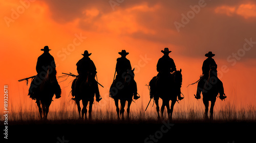 Five Riders on the Horizon: Cowboy Silhouettes Against a Burning Sunset