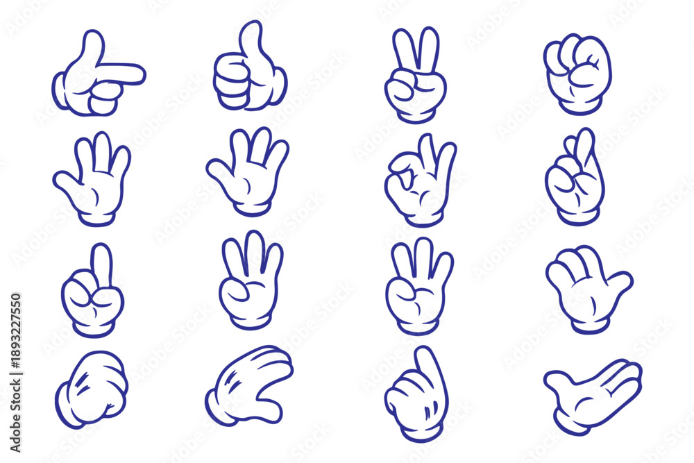 Fototapeta premium Collection of cartoon illustrations of retro four-fingered cartoon hands.