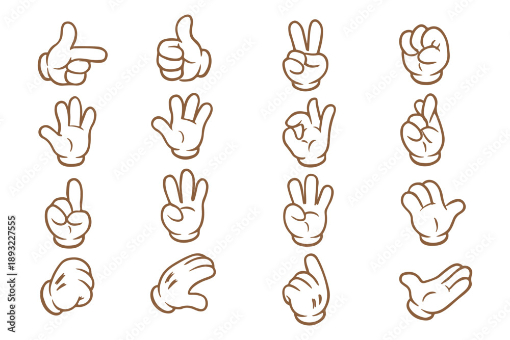 Fototapeta premium Collection of cartoon illustrations of retro four-fingered cartoon hands.