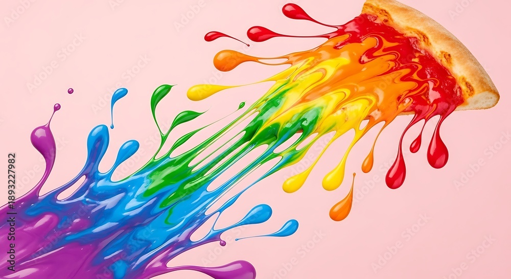 Fototapeta premium Vibrant Explosion of Colorful Paint Splashes Around Slice of Pepperoni Pizza