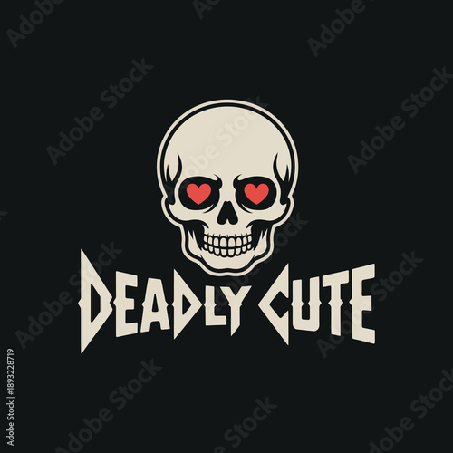 Deadly cute skull illustration with heart eyes for rock and alternative style t-shirt design