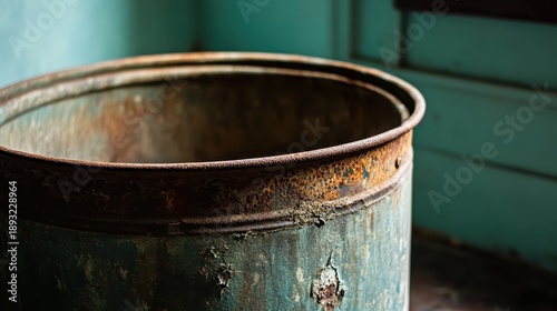 Close up of a tattered and faded metal barrel with visible rust spots and peeling paint