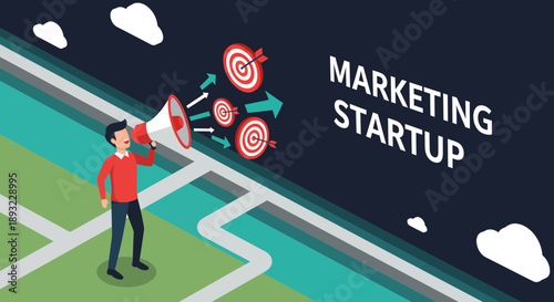 Businessman Using Megaphone for Marketing Startup Promotion.