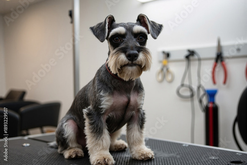 Cute grey miniature schnauzer dog sitting on a table in a professional grooming salon with tools hanging on the wall preparing for a beauty care treatment