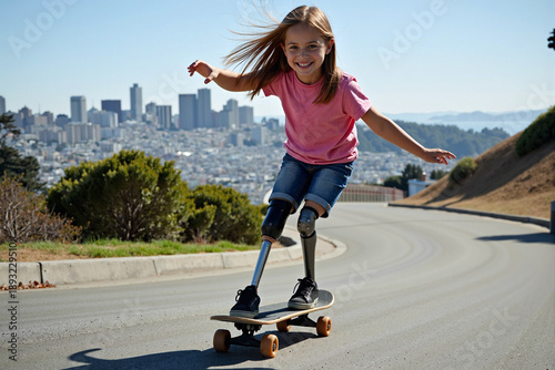 Active happy little girl with a prosthetic leg riding a skateboard on a sunny street with city buildings in background representing disability and courage