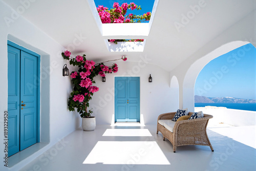 Beautiful white Mediterranean terrace with blue wooden doors and blooming pink bougainvillea flowers under a sunny sky in Santorini Greece resort villa