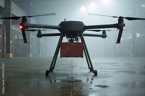 Futuristic autonomous industrial drone copter transporting a heavy brown shipping container inside a large foggy warehouse logistics center environment