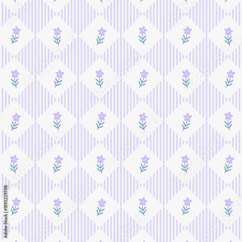 紫のかわいいお花とアーガイル柄のパターン