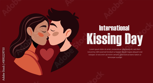 Romantic illustration of a diverse couple sharing a tender kiss for international kissing day