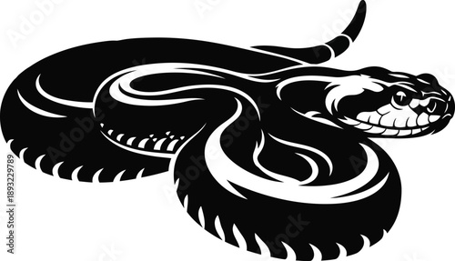 Tribal Style Rattlesnake Illustration Emblem with Detailed Scales and Fangs on a White Background
