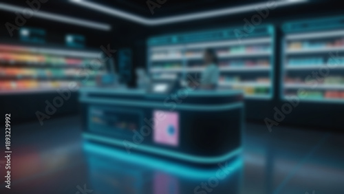 Wallpaper Mural Blurred background of Futuristic cashier counter with holographic payment interface and transparent screen, glowing UI elements and clean geometry, high-tech supermarket background, night. Torontodigital.ca