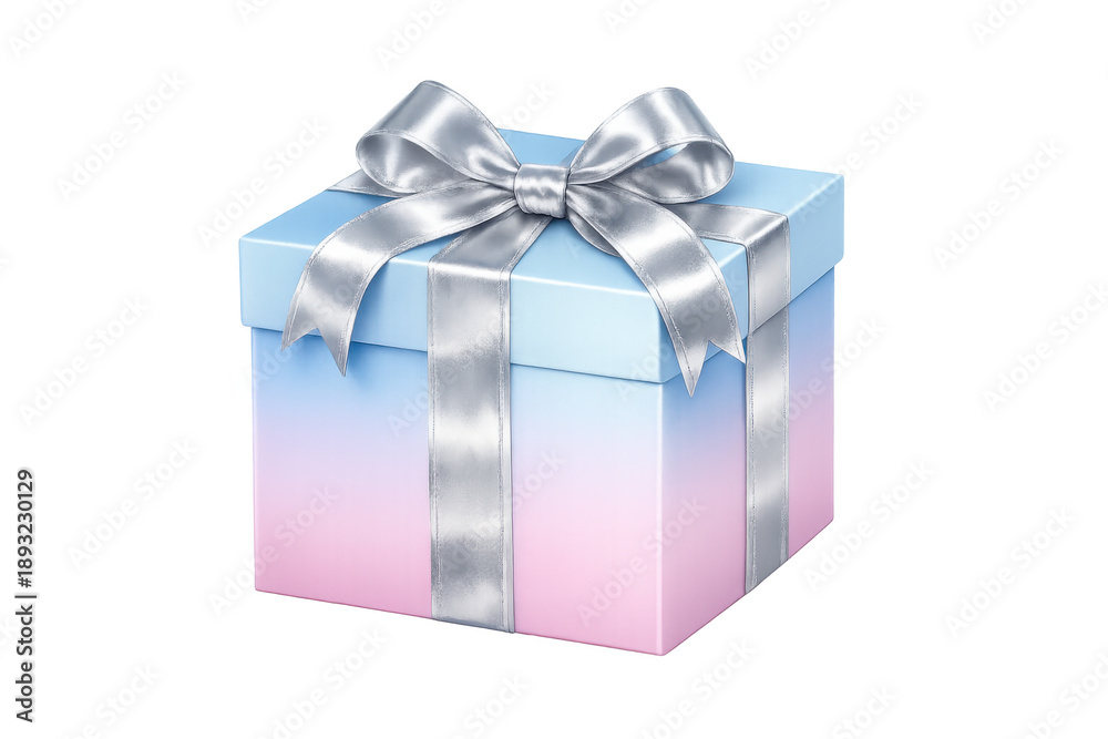 Obraz premium Gift box with a light blue to pink gradient surface, tied with a silver ribbon and bow, celebrating special occasions