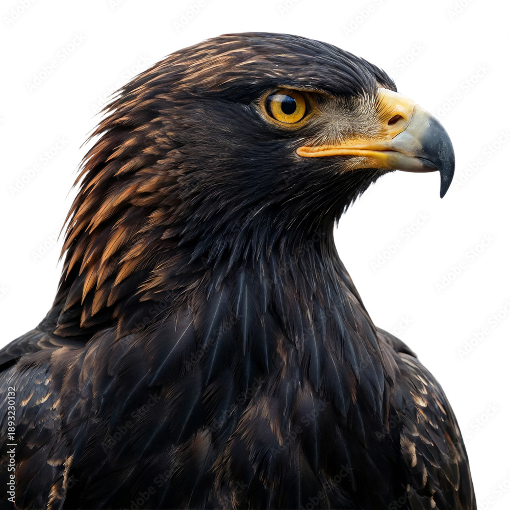 Obraz premium A powerful and majestic golden eagle is captured in a striking close-up portrait, revealing its sharp yellow eye and strong beak.