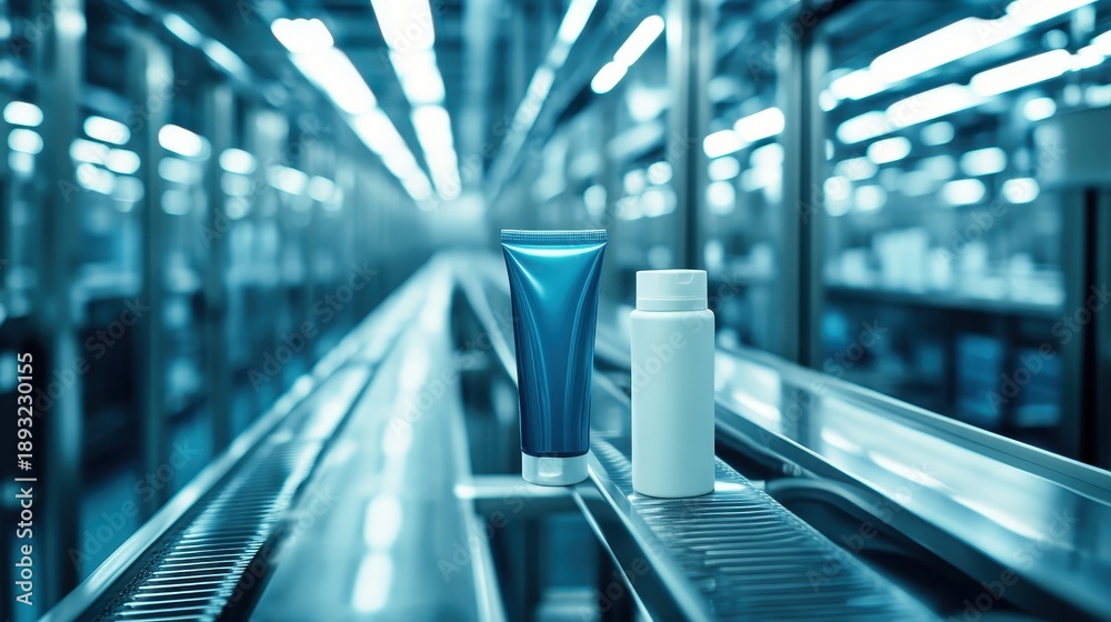 Obraz premium Personal hygiene care products in blue tubes and white bottles are carefully assembled on a modern manufacturing production line