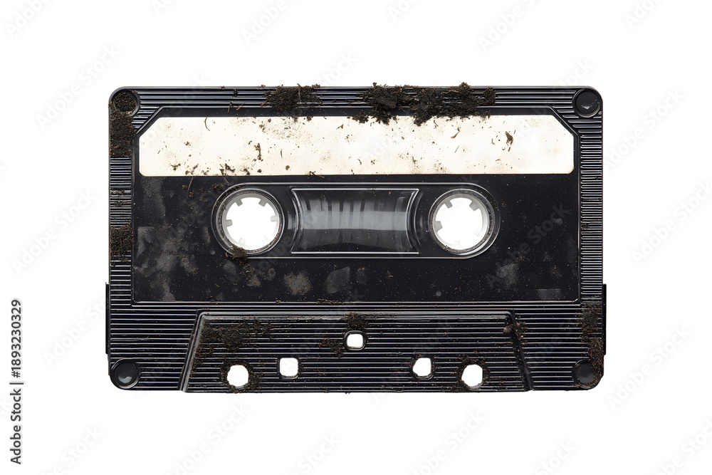 Obraz premium Dirty audio cassette tape with dust, isolated on transparent background