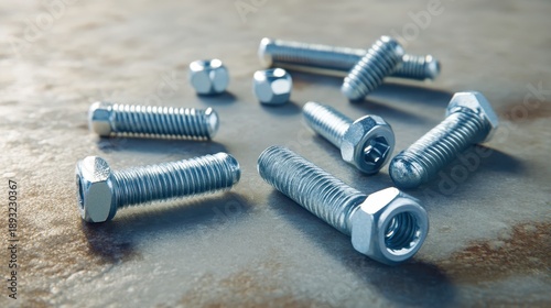 Scattered metal nuts and bolts with various sizes on a textured surface