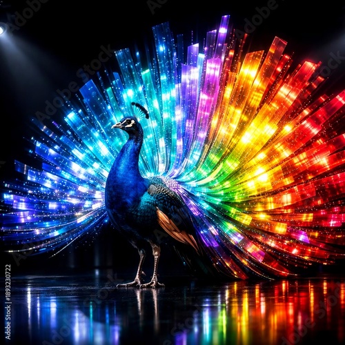 Majestic holographic peacock with rainbow shimmering tail display