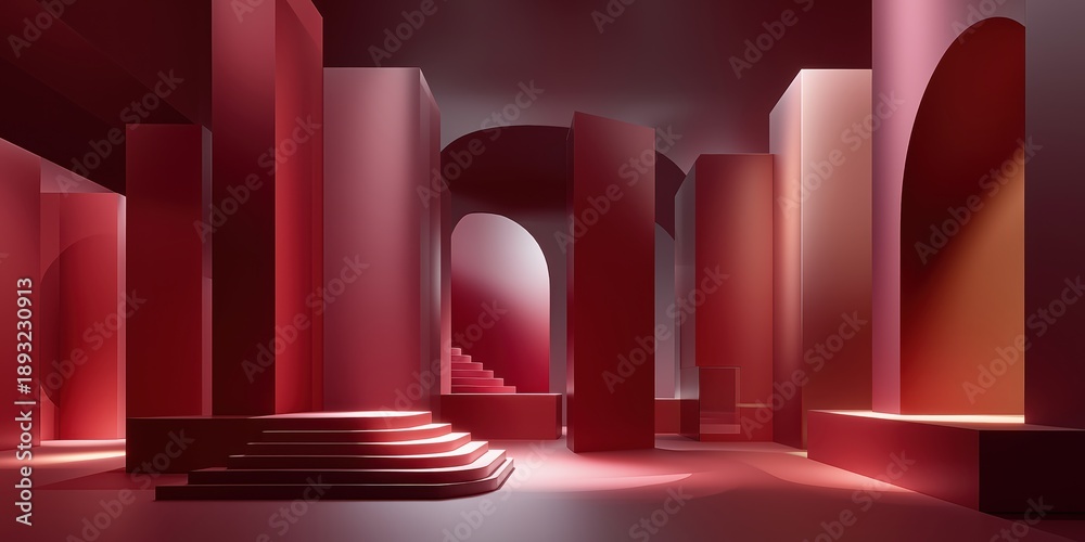 Naklejka premium Surreal architectural interior with red columns and geometric arches in an abstract minimal style.