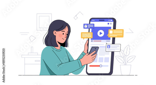 Young woman engaging with social media and digital content on smartphone.